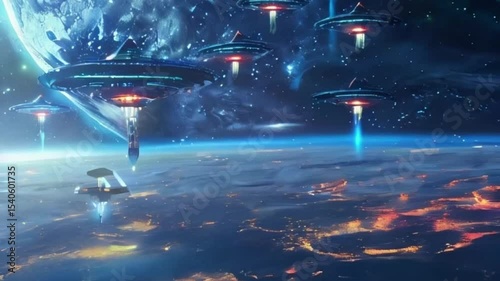 Iron oval UFO saucer hovering over beautiful landscape in deep dramatic sky, abstract vivid composition consists of fictional unreal fantastic vision on background