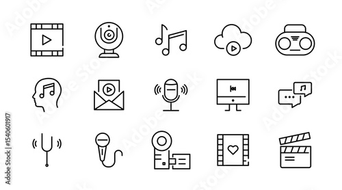 Audio playback linear icon set. Sound, multimedia, volume, Media Control, video, microphone, Music, voice, media and player outline vector icon set. UI thin line icon pack.