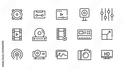 Audio playback linear icon set. Sound, multimedia, volume, Media Control, video, microphone, Music, voice, media and player outline vector icon set. UI thin line icon pack.