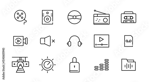 Audio playback linear icon set. Sound, multimedia, volume, Media Control, video, microphone, Music, voice, media and player outline vector icon set. UI thin line icon pack.