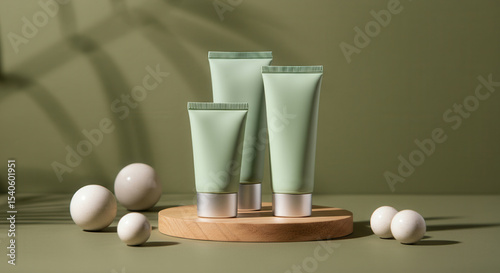 Minimalist green skincare product tubes mockup on wooden platform with geometric spheres