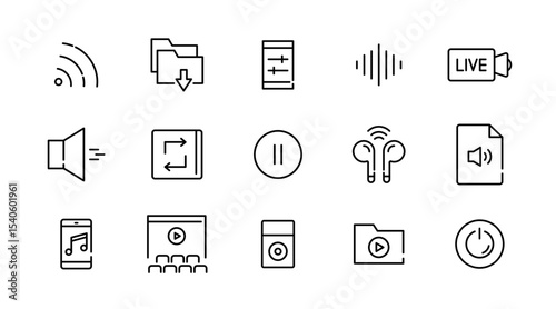 Audio playback linear icon set. Sound, multimedia, volume, Media Control, video, microphone, Music, voice, media and player outline vector icon set. UI thin line icon pack.