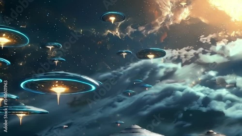 Iron oval UFO saucer hovering over beautiful landscape in deep dramatic sky, abstract vivid composition consists of fictional unreal fantastic vision on background