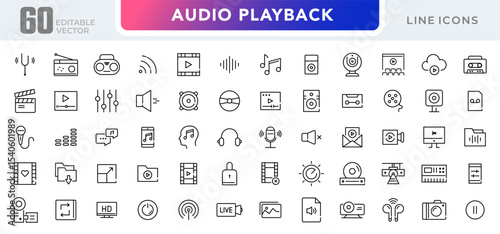 Audio playback linear icon set. Sound, multimedia, volume, Media Control, video, microphone, Music, voice, media and player outline vector icon set. UI thin line icon pack.
