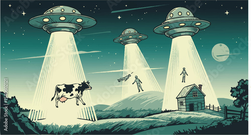 Vintage Sci-Fi Abduction Retro Vector Art Perfect for prints, stickers, t-shirts designs. Vector illustration.