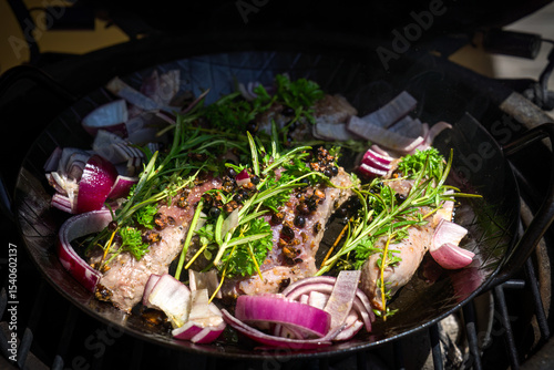 prepared venison meat with olive oil, red onions, juniper berries, rosemary and thyme for grilling on the charcoal grill