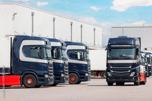 Modern blue cargo truck delivery van parked logistics warehouse center complex building exterior bay. Semi-trailer lorry unload goods distribution blue sky. Cargo storage facility industry building