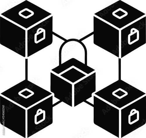 Blockchain Security with Connected Digital Blocks vector silhouette illustration
