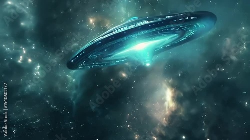 Iron oval UFO saucer hovering over beautiful landscape in deep dramatic sky, abstract vivid composition consists of fictional unreal fantastic vision on background