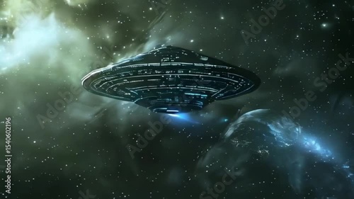 Iron oval UFO saucer hovering over beautiful landscape in deep dramatic sky, abstract vivid composition consists of fictional unreal fantastic vision on background