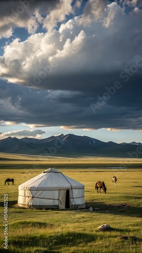 Traditional Yurt in Open Grasslands with Horses and Mountain Backdrop