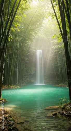 Tranquil Bamboo Forest Waterfall with Serene Turquoise Pool