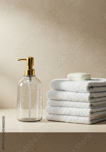 Elegant Bathroom Essentials: Clear Glass Soap Dispenser with Gold Pump and Neatly Stacked Grey Towels