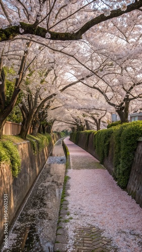 Serene Pathway Lined with Blossoming Cherry Trees by a Calm Canal