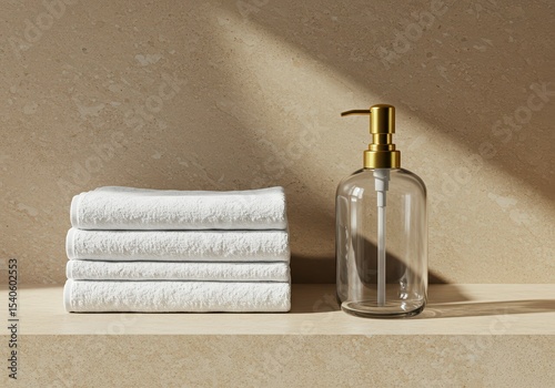 Minimalist Bathroom Setup with Stacked White Towels and a Golden Glass Soap Dispenser