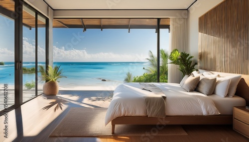 sunlit bedroom overlooking serene tropical sea