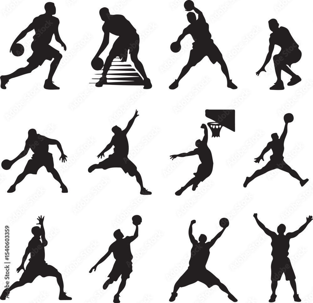 Obraz premium Set of Black Basketball Player Silhouettes on White Background Dribbling, Shooting, Dunking, Passing, Defending, Layup, Jump Shot, Slam Dunk, Blocking, and Clean Vector Design, Flat Sports Icon