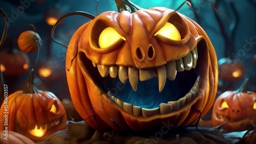 Big scary pumpkin for celebration holiday Halloween, abstract vivid composition consists of fictional unreal fantastic vision on background