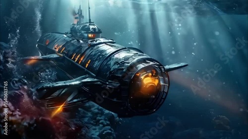 Large bathyscaphe floating in middle of deep ocean during exploration, abstract vivid composition consists of fictional unreal fantastic vision on background
