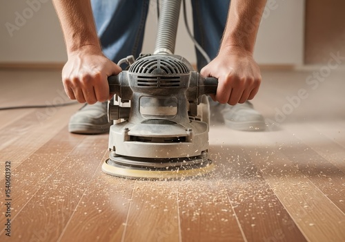 Close-up of hands operating floor sander on wooden surface with sawdust