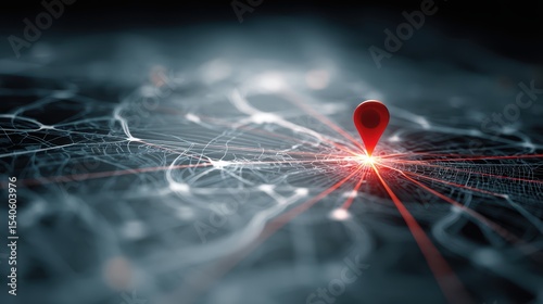 Colorful Pencil Map with Glowing Red Pin at the Center, Highlighting a Specific Location on Abstract Background