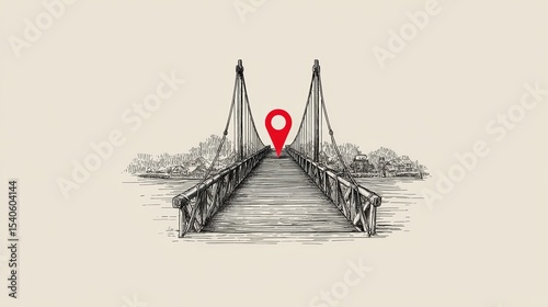 Pencil Drawing of a Bridge with a Red Location Pin Marking Its Position