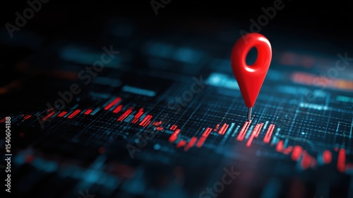 Red Glowing Pin Marking High Point on Digital Graph Representing Real-Time Data Analysis and Trends