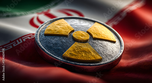 Iran nuclear program concept illustration with reactor and radiation symbol on iranian flag background