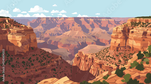 Vector illustration of the Grand Canyon in Arizona, USA, showing layered red rock formations, steep cliffs and the Colorado River under a blue sky