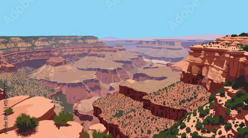 Vector illustration of the Grand Canyon in Arizona, USA, showing layered red rock formations, steep cliffs and the Colorado River under a blue sky