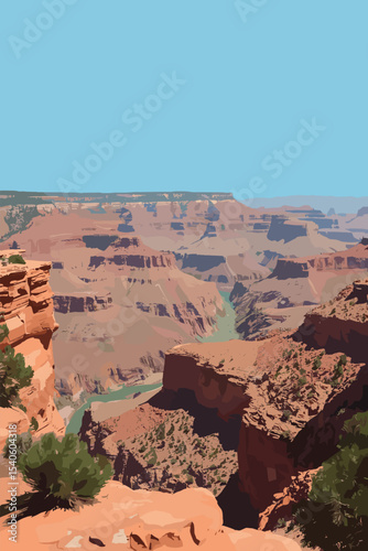 Vector illustration of the Grand Canyon in Arizona, USA, showing layered red rock formations, steep cliffs and the Colorado River under a blue sky