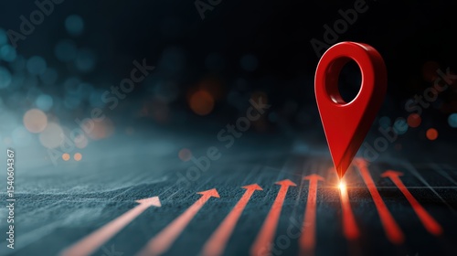 Realistic Red Location Pin on Dark Background with Light Effects and Arrows Pointing Upward
