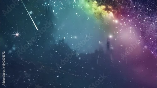 Starfall in sky, bright meteorites glow in atmosphere