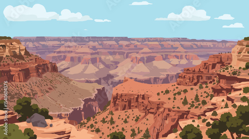 Vector illustration of the Grand Canyon in Arizona, USA, showing layered red rock formations, steep cliffs and the Colorado River under a blue sky