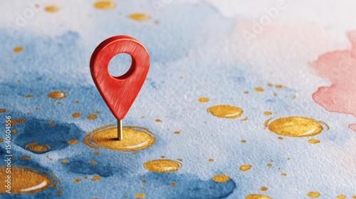 Red Location Pin on Soft Blue and Watercolor Background in a World of Vibrant Colors