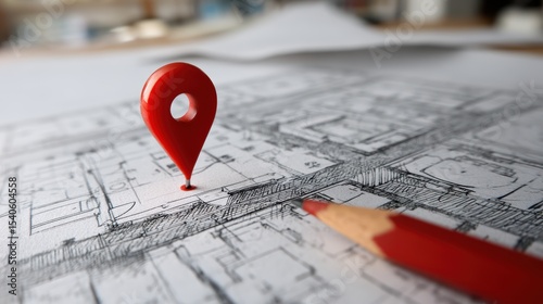 Detailed Pencil Drawing Layout with Red Location Pin Highlighting Key Points of Interest in Urban Planning