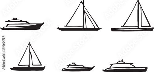 Set of Luxury Boat and Sailboat Silhouettes – Vector Illustration