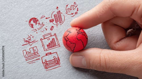 Hand Holding a Red Globe Surrounded by Drawings of Business Concepts and a Briefcase on Grey Background