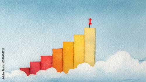 Gentle Watercolor Business Chart with Colorful Bars Against a Soft Sky Background