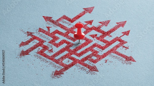Red Pin on Creative Maze Sketch Representing Pathways to Success and Decision Making Challenges