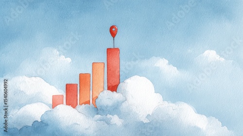 Gentle Watercolor Chart on a Sky Background with Clouds and a Location Pin Delineating Growth and Success
