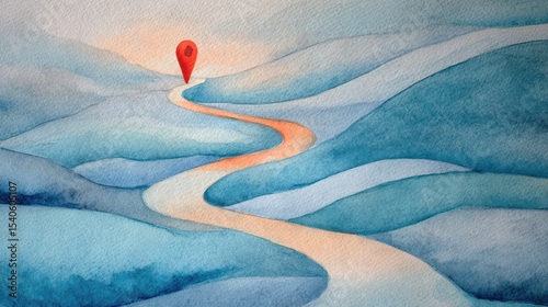 Winding Path Through Soft Watercolor Landscape with a Map Pin Location Marker