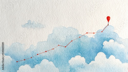 Watercolor Chart Illustrating Business Growth Against a Gentle Sky Background