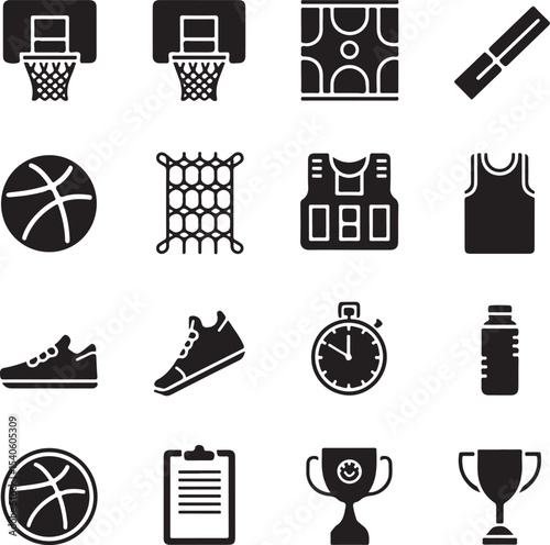 Vector Bundle of 12 Black Basketball Icons on White Background. Hoop, Ball, Court, Referee Whistle, Scoreboard, Jersey, Net, Sneakers, Stopwatch, Water Bottle, Clipboard