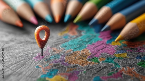 Colored Pencil Globe with Location Pin Highlighting a Specific Area for Creative Background Usage