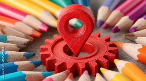 Red Location Pin on Interlocking Gear Surrounded by Vibrant Colored Pencils on Grey Background