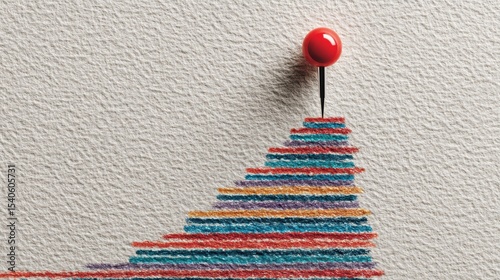 Colored Pencil Line Chart in a Staircase Shape with a Red Pin on a Textured Background