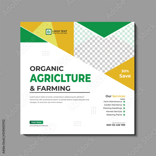 Garden management and lawn mowing service poster template. Agriculture farming business social media post vector with green and yellow colors. Gardening service discount template for marketing