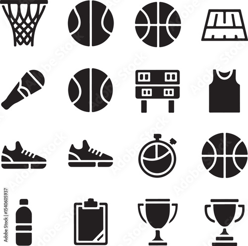 Vector Bundle of 12 Black Basketball Icons on White Background