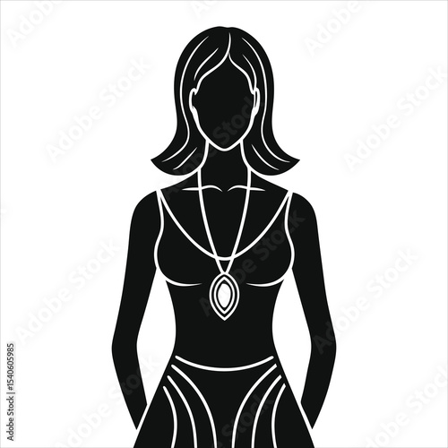 (pendants)Elegant Woman Vector Silhouette with Ornate Necklace/A stylish, black and white silhouette of a woman wearing a detailed necklace.